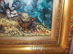 Rooster and Hen Theme Painting - Oil on Wood Signed Y. PRUD'HOMME