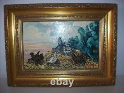 Rooster and Hen Theme Painting - Oil on Wood Signed Y. PRUD'HOMME