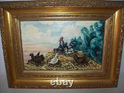 Rooster and Hen Theme Painting - Oil on Wood Signed Y. PRUD'HOMME