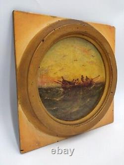 Round Table J. H ALLEMAND Oil on wood HSB 19th century marine boat landscape fishermen