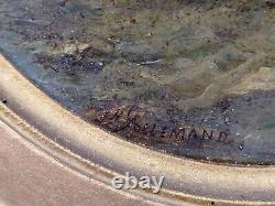 Round Table J. H ALLEMAND Oil on wood HSB 19th century marine boat landscape fishermen