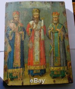 Russian Icon 18th 19th Christian Oil Wood 3 Saints Orthodox Ukraine Russia Icon