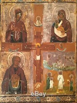 Russian Icon Nineteenth Crucifixion And Virgin Tempera On 19th Wood