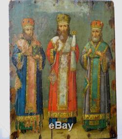 Russian Iconic Xixth Ukraine Christian Oil On Wood 3 Saints Orthodox Russia Icon