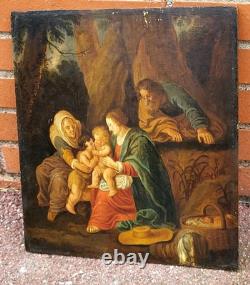 School of the 19th Century. The Holy Family Oil Painting on Wood Panel