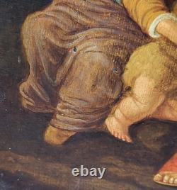 School of the 19th Century. The Holy Family Oil Painting on Wood Panel