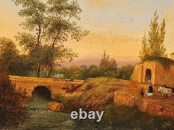 Shepherdess and her Flock by a Stream signed VICTORINE Painting HSP