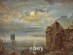 Signed Antique Painting Night View Oil Painting On Wooden Panel Style Xlx°