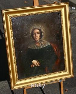 Signed Noble Woman Portrait. Oil painting on wood panel