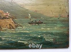 Signed Old Painting, Oil On Panel, Littoral, City, Boat, Marine, 20th