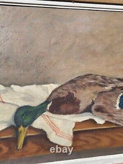 Signed Old Table. Duck Col Vert. Oil Painting On Wood Panel