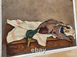 Signed Old Table. Duck Col Vert. Oil Painting On Wood Panel