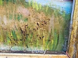 Signed Painting Animated Landscape Oil on Wood Panel