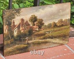Signed Painting. Animated Landscape. Oil painting on mahogany wood panel