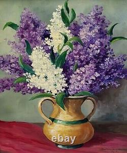 Signed Painting Dated. Bouquet of Lilacs. Oil on Wooden Panel.