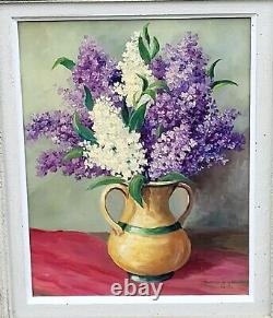 Signed Painting Dated. Bouquet of Lilacs. Oil on Wooden Panel.