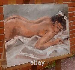 Signed Painting. Nude Woman. Oil on Wood Panel