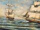 Signed Painting Of Maritime Landscape Boats Oil On Wood Panel