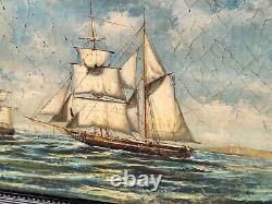 Signed Painting of Maritime Landscape Boats Oil on Wood Panel