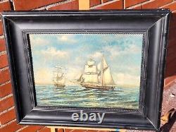 Signed Painting of Maritime Landscape Boats Oil on Wood Panel