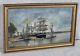Signed Tableau Landscape Marine Boats Oil Painting On Wooden Panel