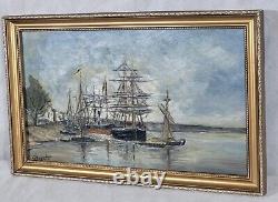 Signed Tableau Landscape Marine Boats Oil Painting on Wooden Panel