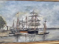 Signed Tableau Landscape Marine Boats Oil Painting on Wooden Panel
