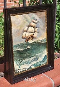 Signed Tableau Seascape Boat. Oil painting on wooden panel