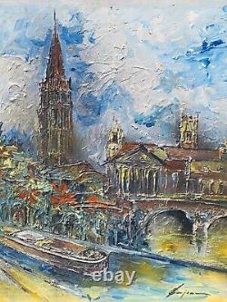 Signed Tableau. View of Toulouse. Oil painting on wooden panel.