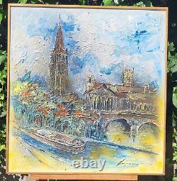 Signed Tableau. View of Toulouse. Oil painting on wooden panel.
