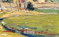 Signed painting. Landscape View of Village. Oil painting on wooden panel.