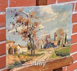 Signed painting. Landscape View of Village. Oil painting on wooden panel.