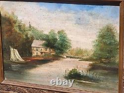 Signed painting. Riverbank landscape with boat. Oil painting on wooden panel.