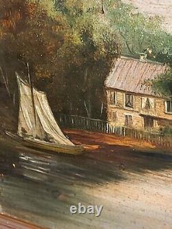 Signed painting. Riverbank landscape with boat. Oil painting on wooden panel.
