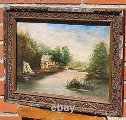 Signed painting. Riverbank landscape with boat. Oil painting on wooden panel.