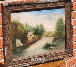 Signed painting. Riverbank landscape with boat. Oil painting on wooden panel.