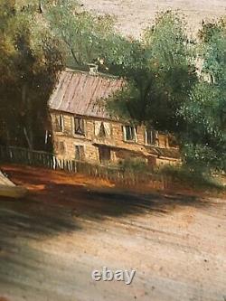 Signed painting. Riverbank landscape with boat. Oil painting on wooden panel.