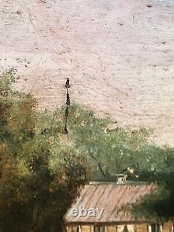 Signed painting. Riverbank landscape with boat. Oil painting on wooden panel.