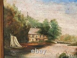Signed painting. Riverbank landscape with boat. Oil painting on wooden panel.