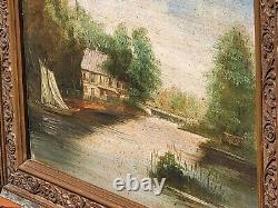 Signed painting. Riverbank landscape with boat. Oil painting on wooden panel.