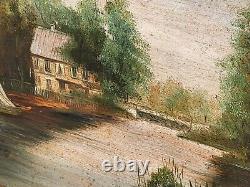 Signed painting. Riverbank landscape with boat. Oil painting on wooden panel.
