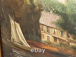 Signed painting. Riverbank landscape with boat. Oil painting on wooden panel.