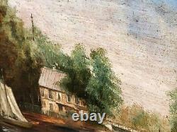 Signed painting. Riverbank landscape with boat. Oil painting on wooden panel.