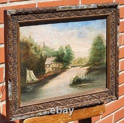 Signed painting. Riverbank landscape with boat. Oil painting on wooden panel.
