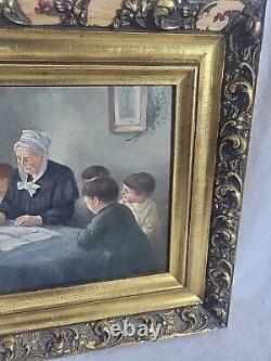 Signed painting. The grandmother writes to the forefront Oil painting on wood panel