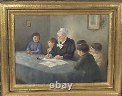 Signed painting. The grandmother writes to the forefront Oil painting on wood panel