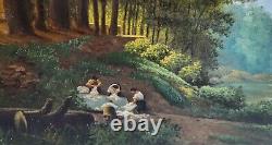 Signed painting by BOUSQUET Animated Landscape Oil painting on wood panel. 1897