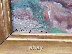 Signed tableau by ANDRÉ FOUGERON, Riverside Oil Painting on Wood Panel