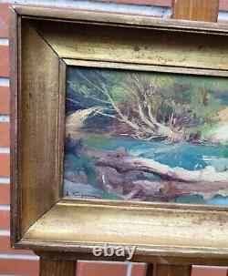 Signed tableau by ANDRÉ FOUGERON, Riverside Oil Painting on Wood Panel