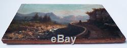 Small 19th Century Oil Painting On Wood Mountain Landscape
